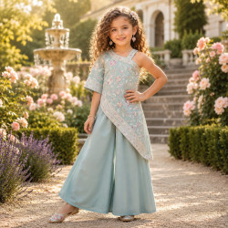 Girls Premium Luxury Embroidered One-Shoulder Palazzo Set